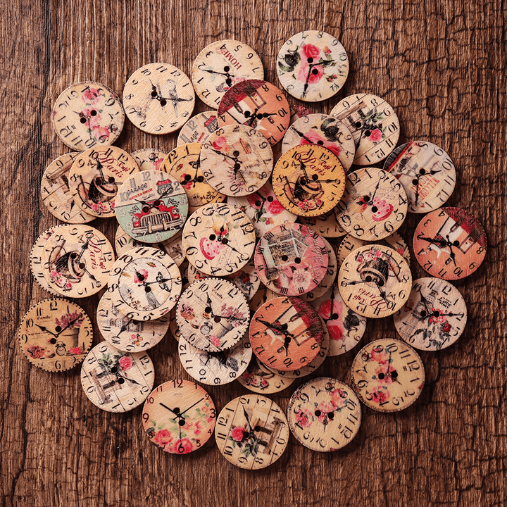 50PCS 25MM 2 Holes Decorative Clock Pattern Log Painted round Shape Fasteners Buttons - MRSLM