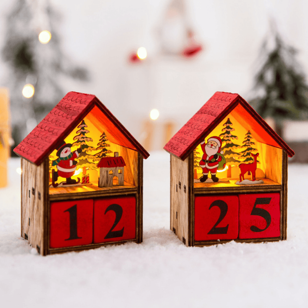 Christmas Advent Calendar LED Light up Wood House Santa Claus Snowman Home Decoration - MRSLM