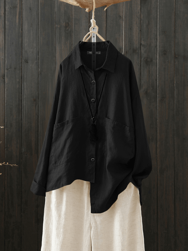 Women Casual Turn-Down Collar Button Solid Blouse - MRSLM