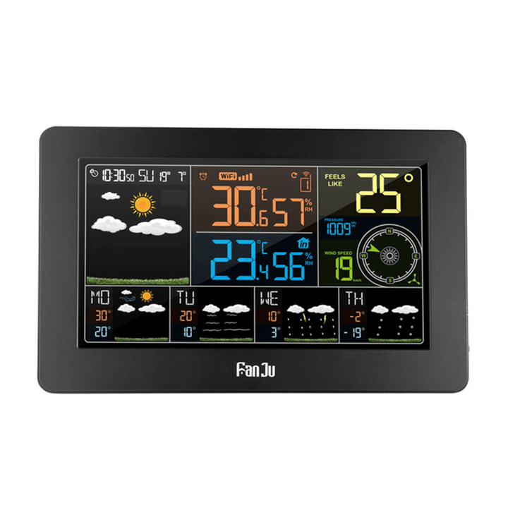 Fanju FJW4 Digital Alarm Clock Weather Station Wifi Indoor Outdoor Temperature Humidity LCD Clock Pressure Wind Weather Forecast - MRSLM