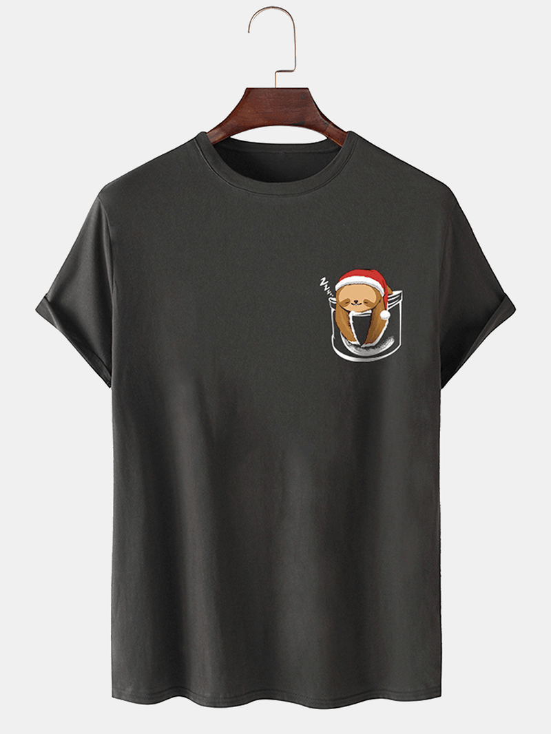 Mens 100% Cotton Christmas Bear O-Neck Solid Color Thin T-Shirt - MRSLM