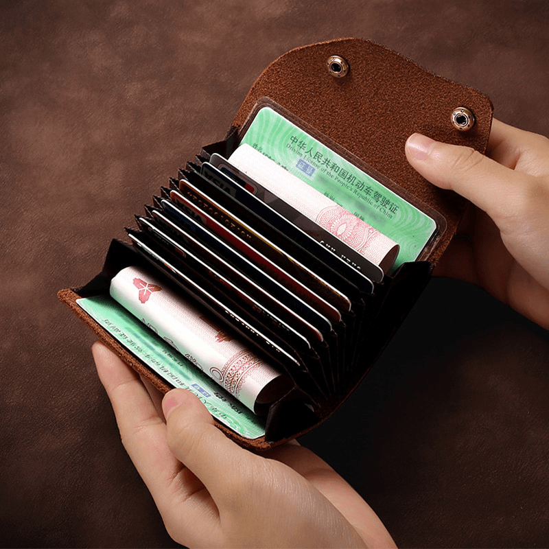 Men Genuine Leather Multi-Card Slot Card Holder Retro Large Capacity Organ Card Case Money Clip Wallets - MRSLM