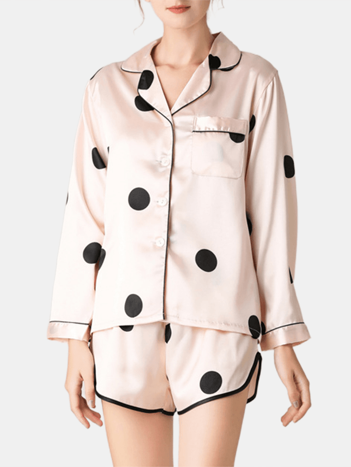 Women Polka Dot Lapel Collar Pink Faux Silk Long Sleeve Loose Pajama Set - MRSLM