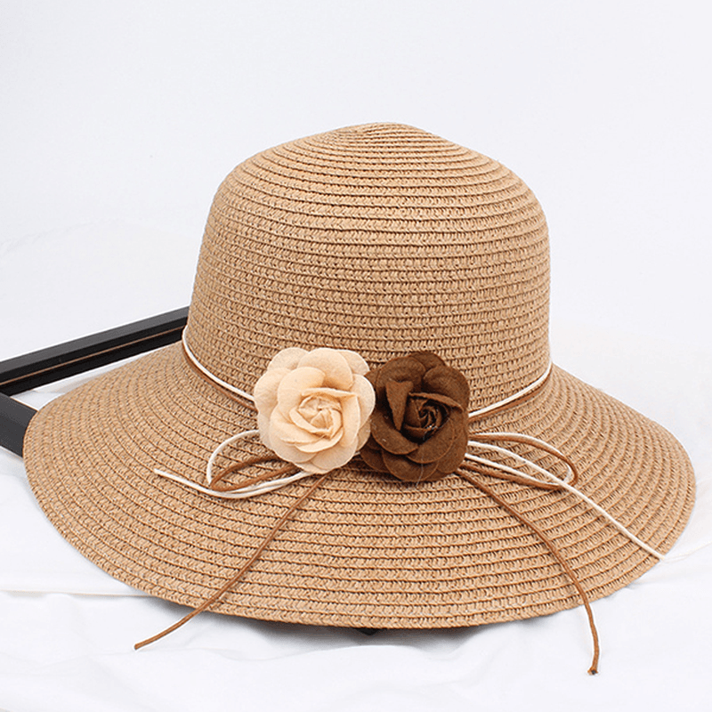 Women Folding Woven Wide Brimmed Bucket Hat Dress Visor - MRSLM