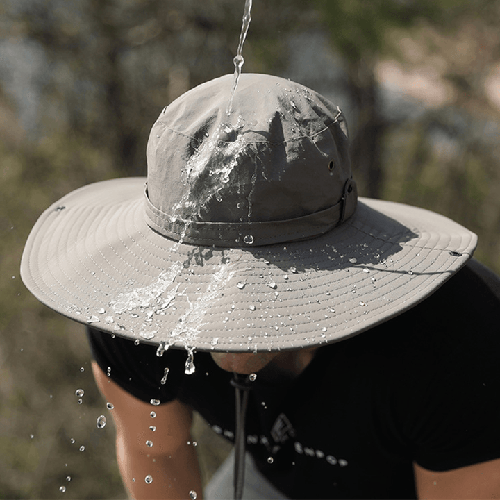 Men Dual-Use Anti-Uv Bucket Hat Big Brim Windproof Rope Adjustable Outdoor Fishing Sunshade Hat - MRSLM