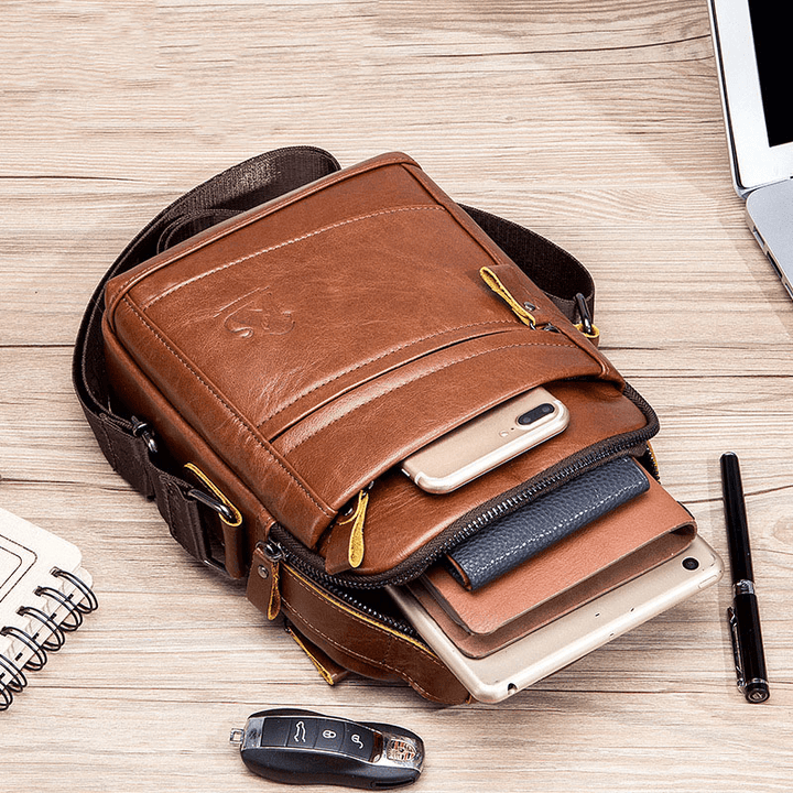 Men First Layer Cowhide Anti-Theft Crossbody Bags Multifunctional Wear-Resistant Large Capacity Messenger Bag Handbag - MRSLM