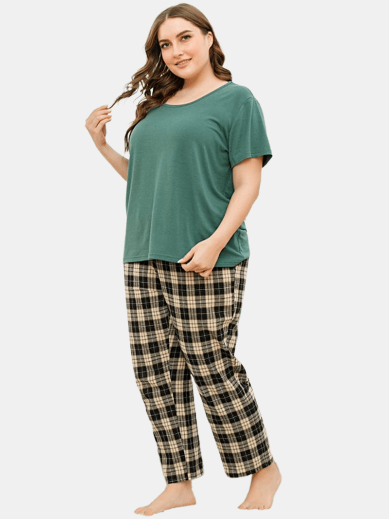 Plus Size Women Solid Color Short Sleeve Top Plaid Print Two Piece Home Pajama Set - MRSLM