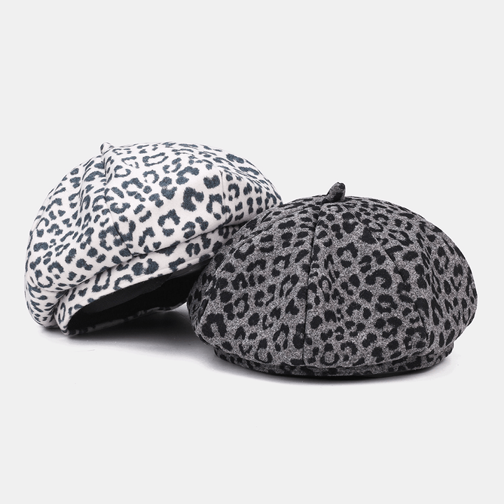 Women Woolen Warm Young All-Match Leopard Pattern Painter Hat Newsboy Hat Octagonal Hat Beret Hat - MRSLM