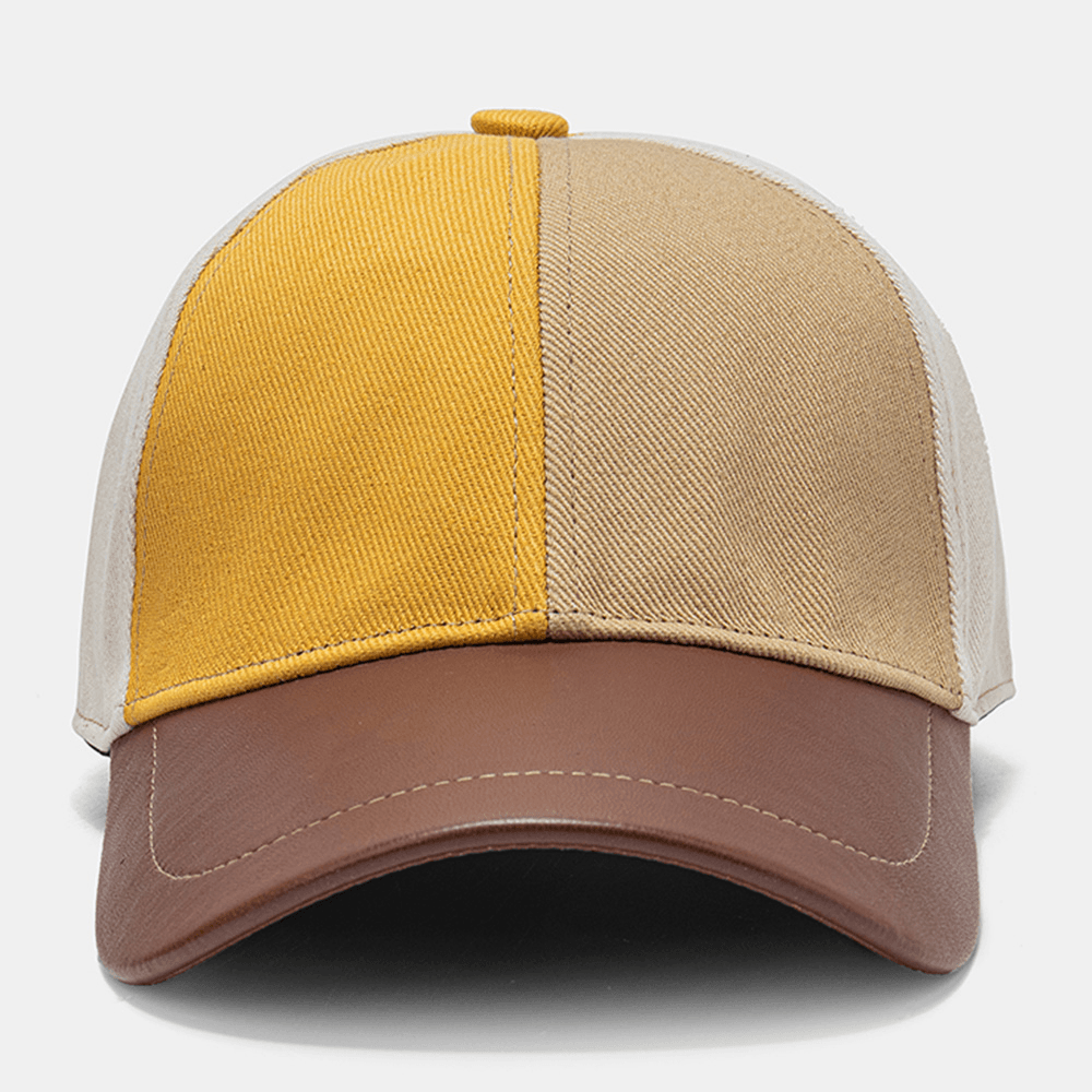 Unisex Polyester Cotton Color-Match Patchwork PU Brim Drawstring Adjustable Fashion Sunshade Baseball Cap - MRSLM