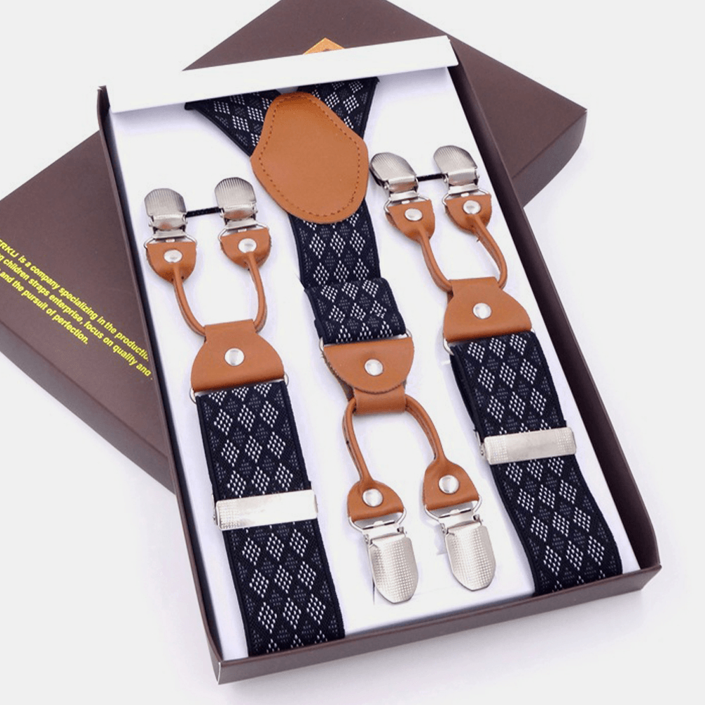 Men Rhombus Pattern 115Cm Hook Buckle Braces Suspenders High Elastic Adjustable 6 Clip Belt Strap - MRSLM