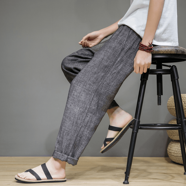 2021 Summer New Linen Casual Pants Men'S Thin Sports Nine-Point Pants Chinese Style Large Size Loose Cotton and Linen Pants - MRSLM