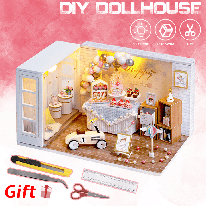 1:32 Wooden DIY Doll House Miniature Kits Handmade Assemble Toy with Furniture LED Light for Gift Collection Home Decor - MRSLM