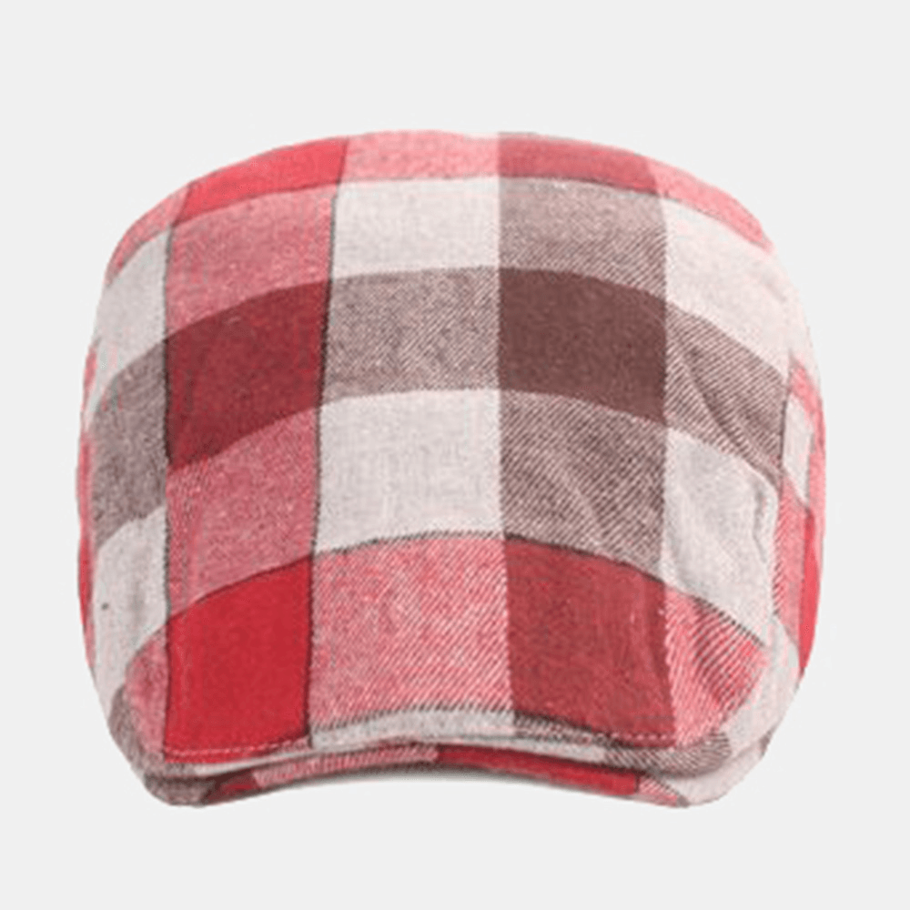 Men Contrasting Colors Plaid Pattern Adjustable Beret Cap Retro Winter Warmth Forward Hat Flat Cap Cabbie Hat - MRSLM