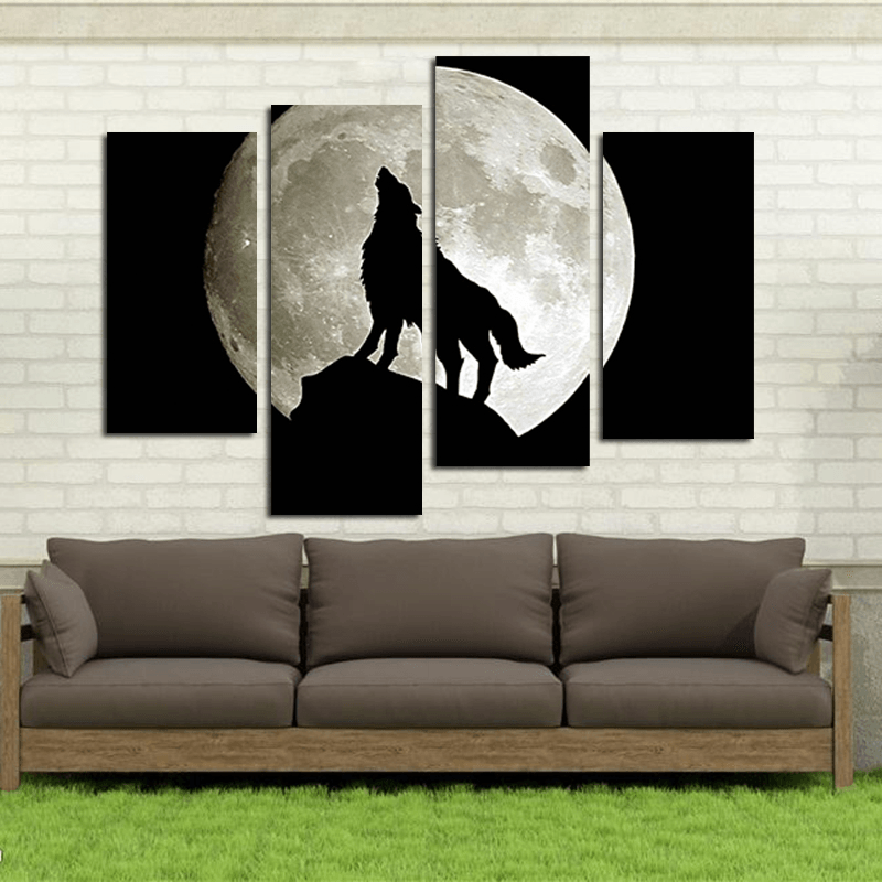 Miico Hand Painted Four Combination Decorative Paintings Full Moon Black Wolf Wall Art for Home Decoration - MRSLM