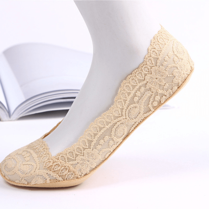 Women Breathable Lace Antiskid Silicone Invisible Boat Socks Low Cut Shallow Socks - MRSLM