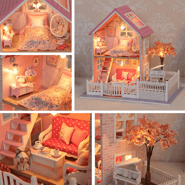 Cuteroom 1/24 DIY Wooden Dollhouse Pink Cherry Handmade Decorations Model with LED Light&Music Birthday - MRSLM