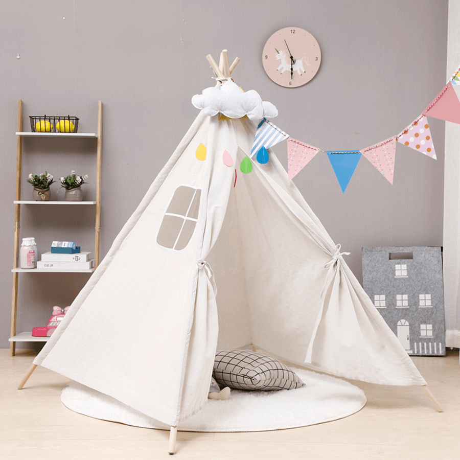 130Cm Large Teepee Tent Kids Cotton Canvas Pretend Play House Boy Girls Wigwam Gift - MRSLM