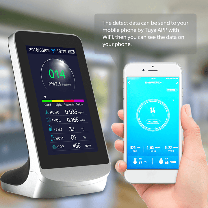 Dm72B-Wifi Air Quality Detector WIFI Infrared Carbon Dioxide CO2 Dust PM2.5 PM1.0 PM10 HCHO TVOC Detectors Instrument Compatible with Tuya - MRSLM