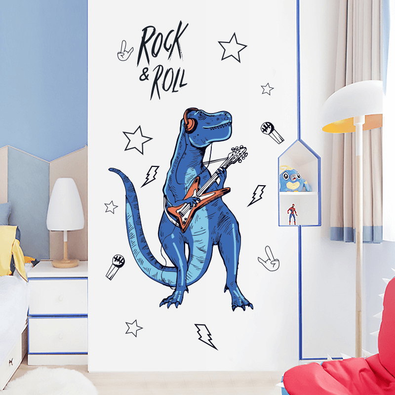 SK9361 Rock Roll Dinosaur Wall Sticker for Kids Room Cartoon Animals Home Decor Art Viny PVC Wallpaper Creative Door Fridge Decoration - MRSLM