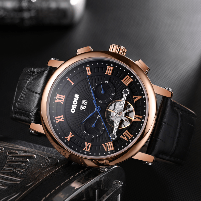 ONOLA ON6801 Fashion Men Automatic Watch Flywheel Hollow Date Display Leather Strap Mechanical Watch - MRSLM