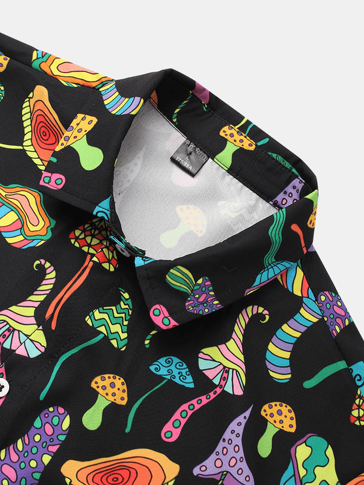 Mens Cartoon Colorful Mushroom Print Lapel Short Sleeve Shirt - MRSLM