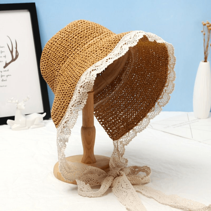 Women Lace Brim Foldable Sunscreen Bucket Straw Hat - MRSLM