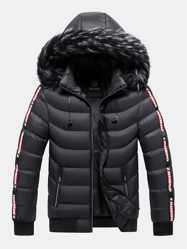 Men Letter Webbing Thick Removable Fur Hooded Zipper Pocket Solid Color down Jacket - MRSLM