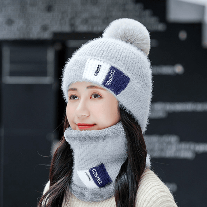 Unisex 2PCS plus Velvet Thicken Warm Windproof Neck Face Protection Riding Knitted Hat Scarf - MRSLM