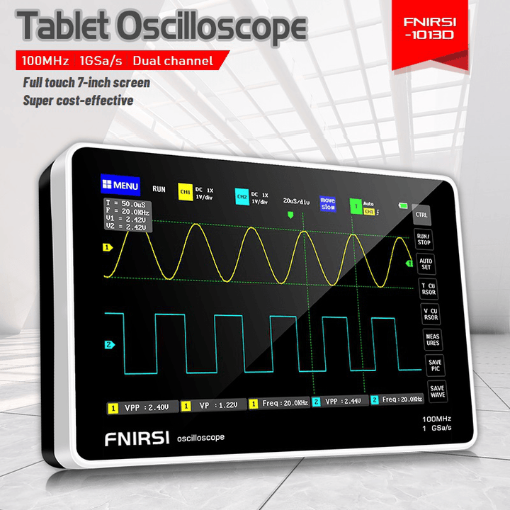 FNIRSI 1013D 7-Inch Digital 2 Channels Tablet Oscilloscope 100M Bandwidth 1Gs/S Sampling Rate 800X480 Resolution Capacitor Screen Touch + Gesture Operation Oscilloscopes - MRSLM