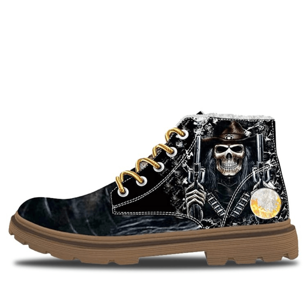 Men Leather Halloween Funny Skull Printing Non Slip Comfy Casual Martin Ankle Boots - MRSLM