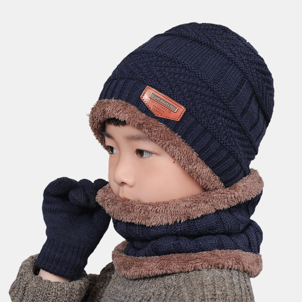 Men Child 3PCS Solid Color Keep Warm Sets Fashion Casual Wool Hat Beanie Scarf Full-Finger Gloves - MRSLM