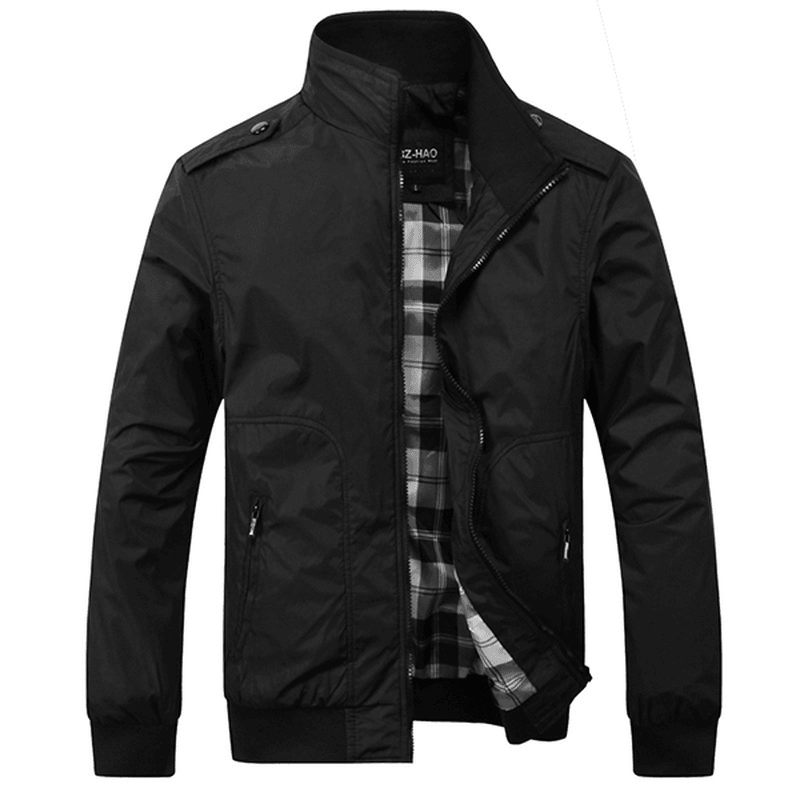 Mens Casual Autumn Stand Collar Jacket Solid Color Nylon Zipper Pocket Coat - MRSLM