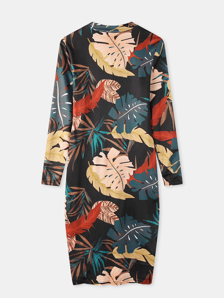 Women Plant Leaves Print Long Sleeve Zipper Elegant Midi Dress - MRSLM