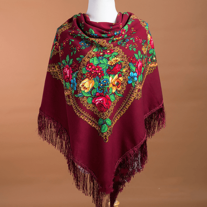 Large Square Scarf Shawl with Ethnic Print Tassels to Keep Warm - MRSLM