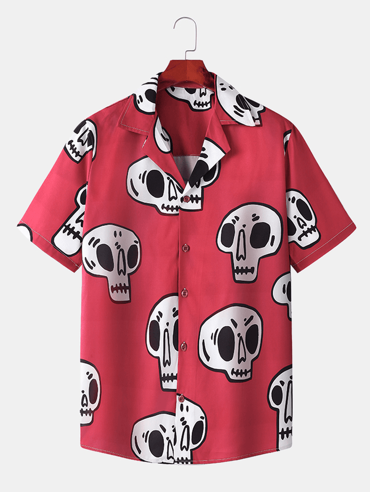 Mens Skeleton Print Revere Collar Short Sleeve Shirt - MRSLM