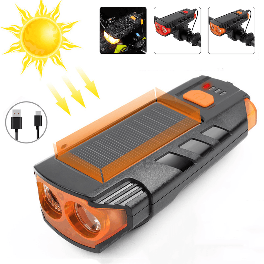 350LM 2Xt6 LED Bike Headlight 5 Modes Bicycle Solar Front Light 6 Modes 120 Db Horn USB Rechargeable Waterproof Flashlight - MRSLM