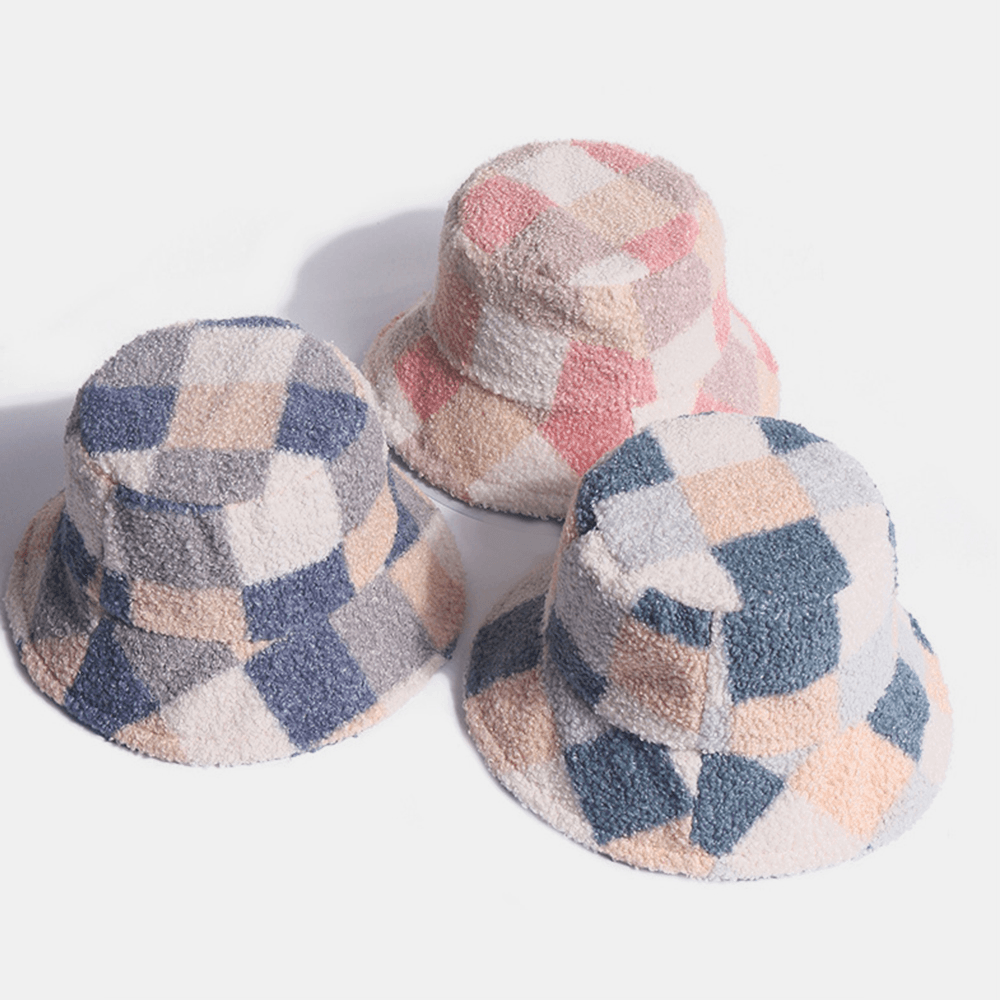 Women Cotton Lamb Hair Warm Casual Fashion All-Match Lattice Pattern Bucket Hat - MRSLM