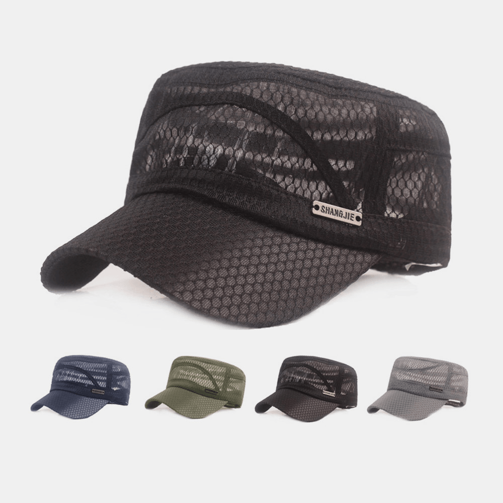 Men Adjustable Mesh Breathable Solid Color Military Cap Flat Cap with Letter Metal Label - MRSLM