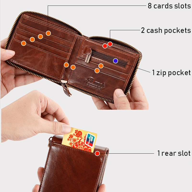 Men Genuine Leather Vintage RFID Blocking Card Holder Zipper Coin Wallet - MRSLM