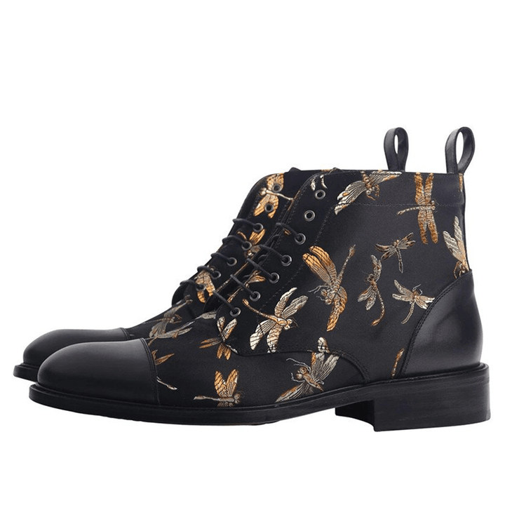 Men British Style Cap Toe Splicing Dragonflies Printed Cloth Ankle Jack Boots - MRSLM