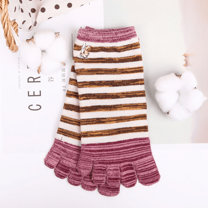 Ladies Five Toes Socks Cotton Striped 4-Pair Set Ankle Socks - MRSLM