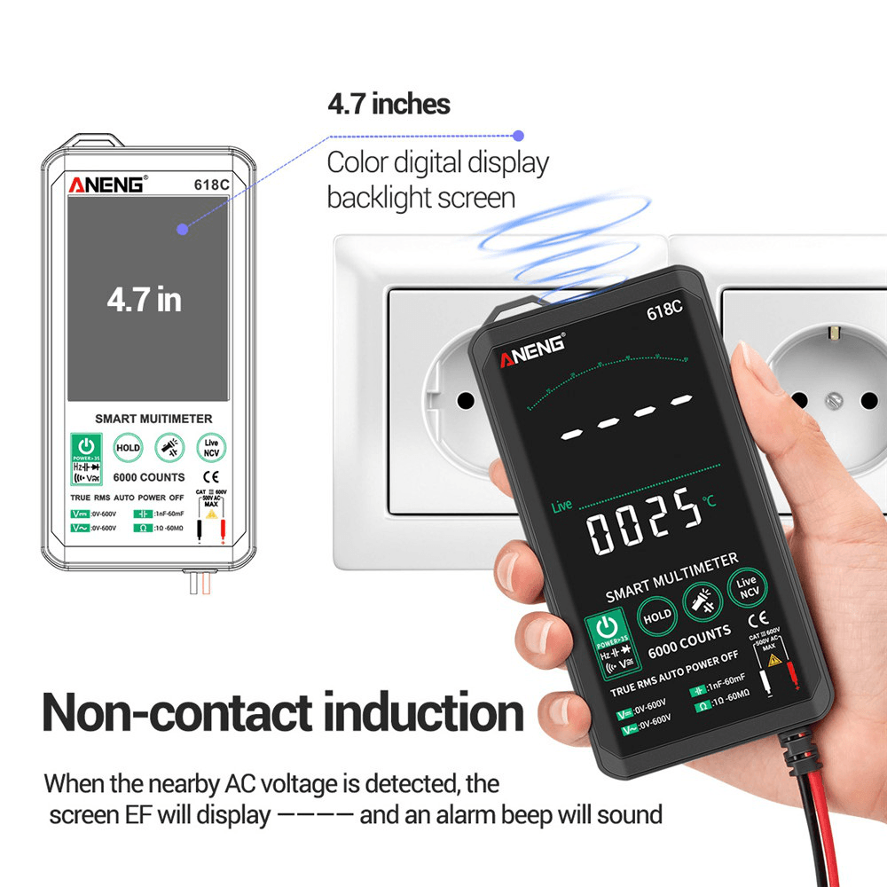 ANENG 618C Digital Multimeter Smart Touch DC Analog Bar True RMS Auto Tester Professional Capacitor NCV Testers Meter - MRSLM