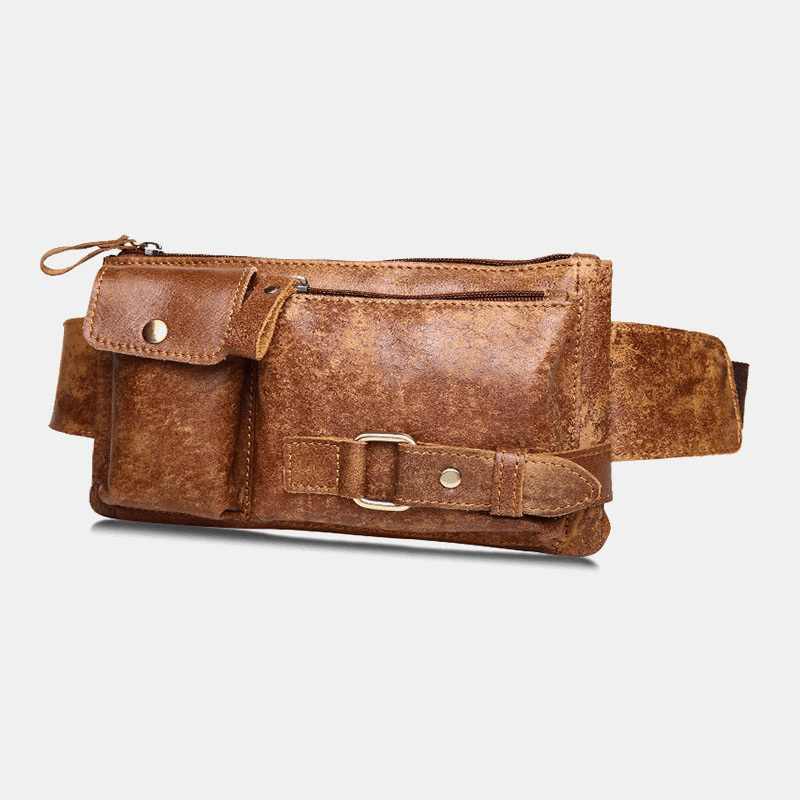 Men Genuine Leather Business Outdoor Retro Multi-Carry Leather 6.3 Inch Phone Bag Waist Bag Chest Bag - MRSLM