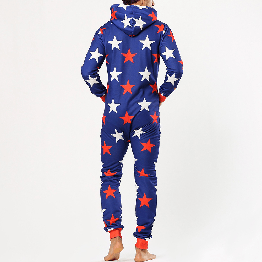 Men Funny Stars Printing Onesies Hooded Jumpsuit Loungewear Home Zip down Long Sleeve Pajamas - MRSLM