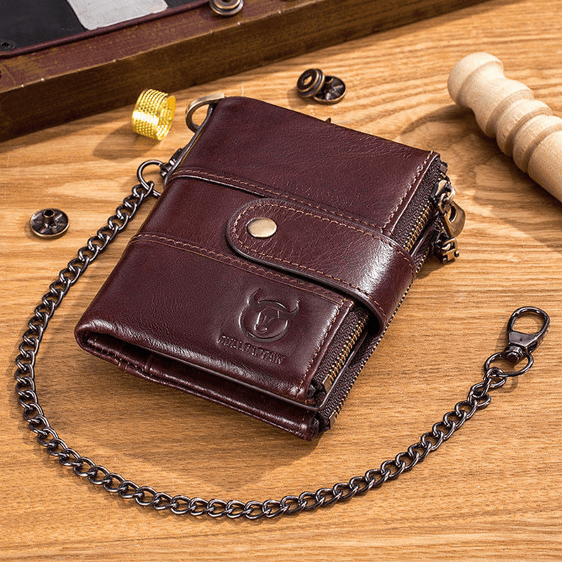 Bullcaptain Men Genuine Leather Vintage RFID Blocking Foldable Anti-Theft Chain Walllet Card Holder - MRSLM