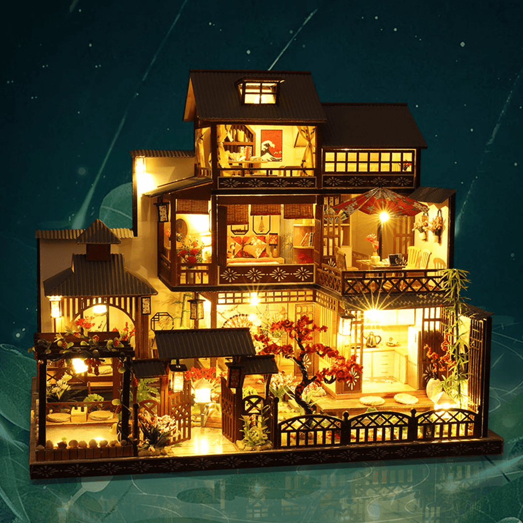 Wooden DIY Japanese Villa Doll House Miniature Kits Handmade Assemble Toy with Furniture LED Light for Gift Collection Home Decor - MRSLM