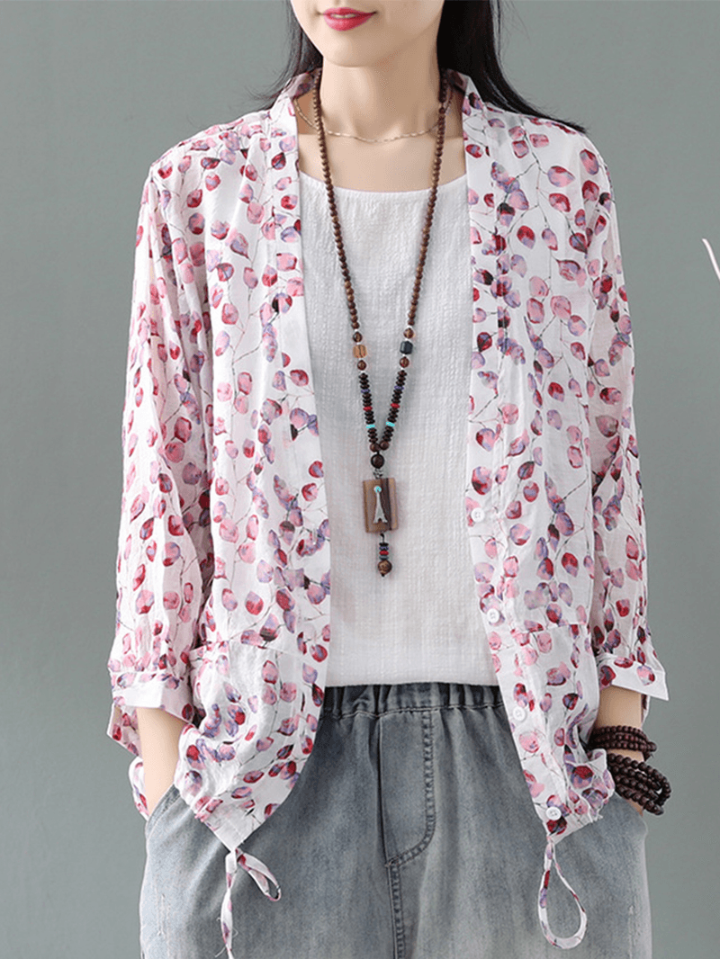 Long Sleeve Print Bandage Vintage Kimono Blouse for Women - MRSLM