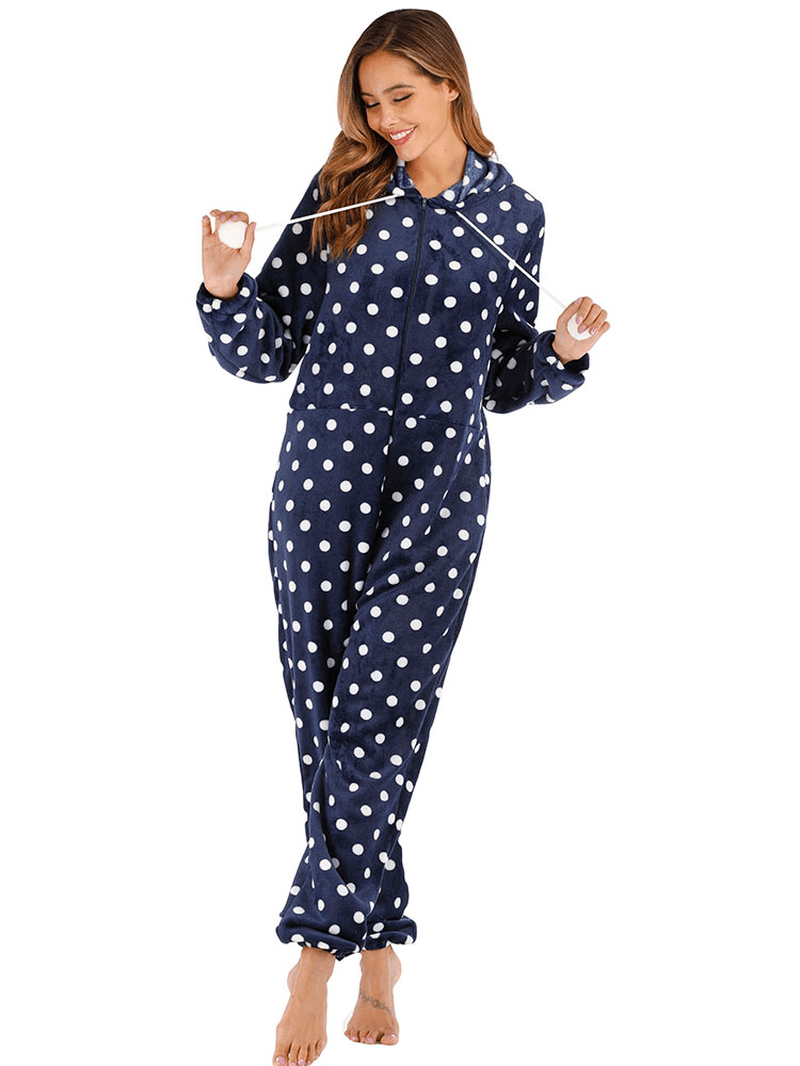 Navy Polka Dot Front Zip Hoodie Jumpsuit Casual Pajama Set - MRSLM