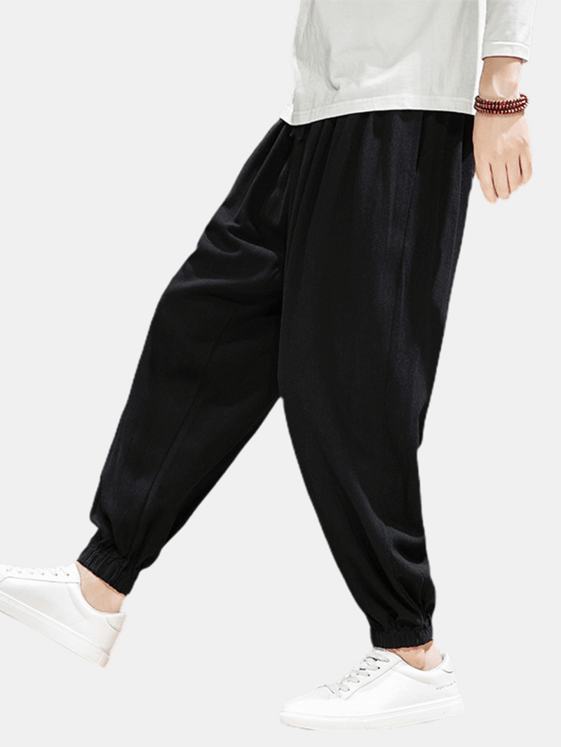 Mens Solid Color Drawstring Elastic Ankle Casual Pants with Pocket - MRSLM