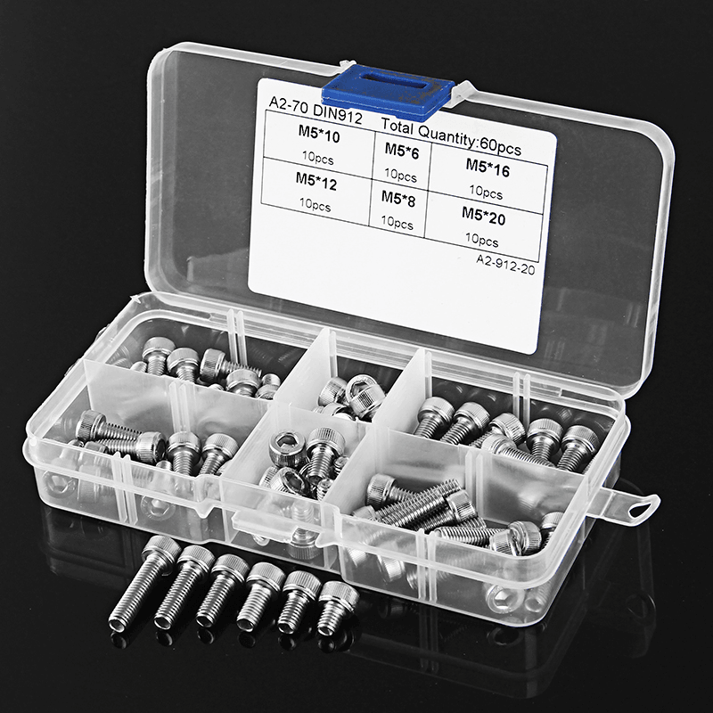 Suleve™ M5SH1 60Pcs M5 Stainless Steel 6-20Mm Hex Socket Cap Head Screw Allen Bolt Assortment Kit - MRSLM